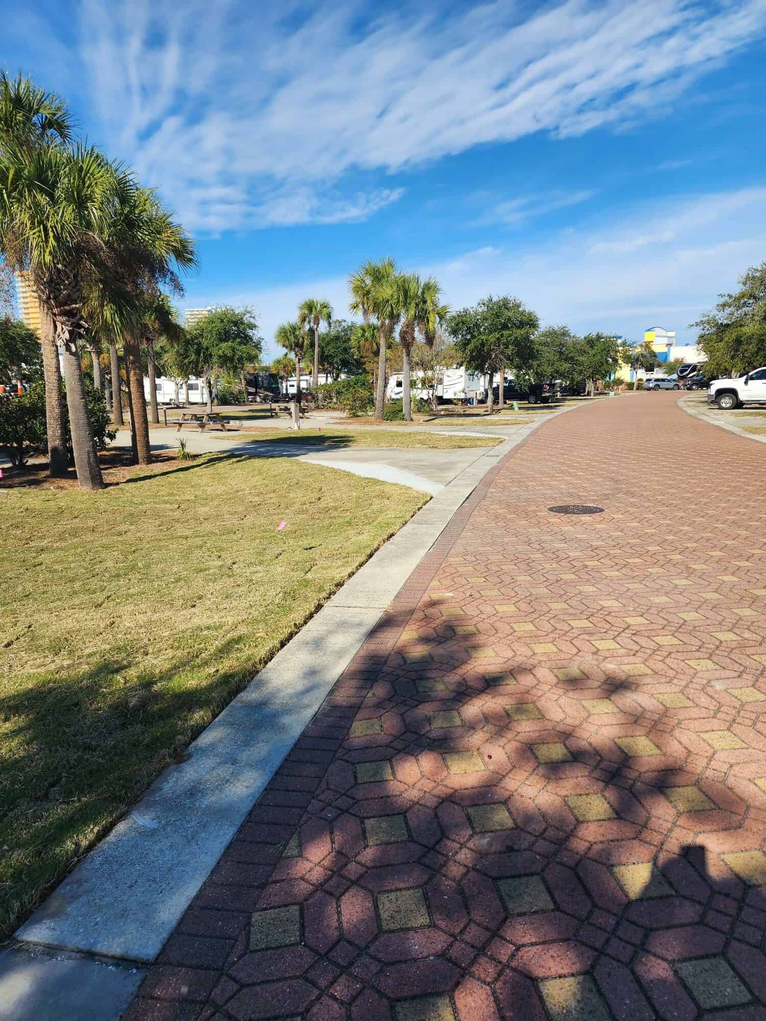 A sunny outdoor scene featuring a winding brick pathway lined with palm trees and well-maintained grassy areas. The sky is partly cloudy, and the path curves gently to the right, leading towards a parking lot filled with vehicles, offering a welcoming sight reminiscent of home.