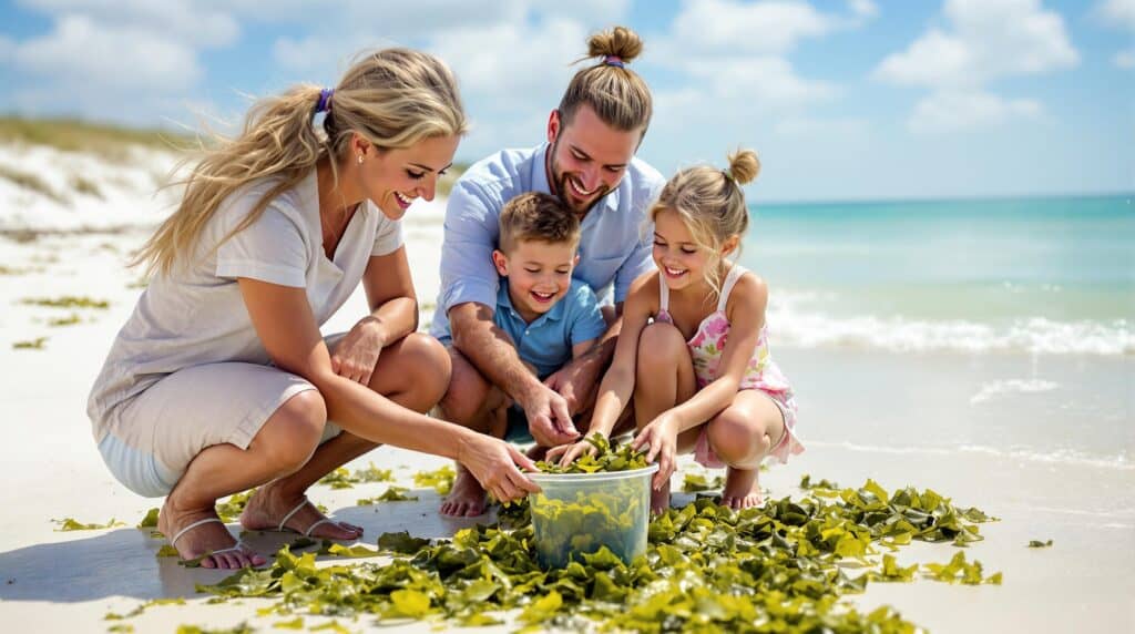 Smiling family with children examining seaweed on a sunny beach near the shoreline, with soft sand and turquoise water in the background.
