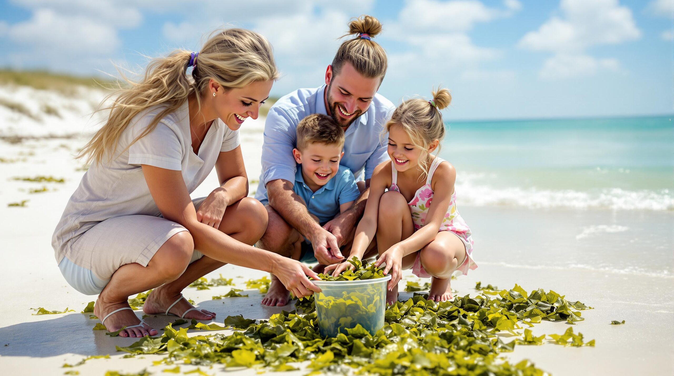 Smiling family with children examining seaweed on a sunny beach near the shoreline, with soft sand and turquoise water in the background.