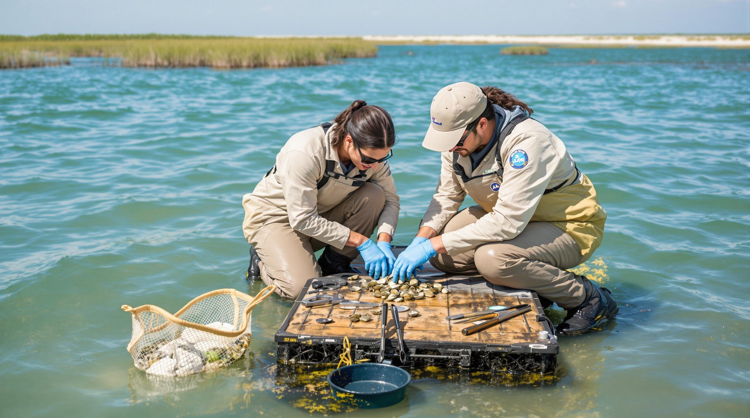 Two volunteers in waders inspect oysters on a floating platform in shallow bay water, with restoration tools and mesh bags nearby, under soft morning sunlight near a marshy shoreline.