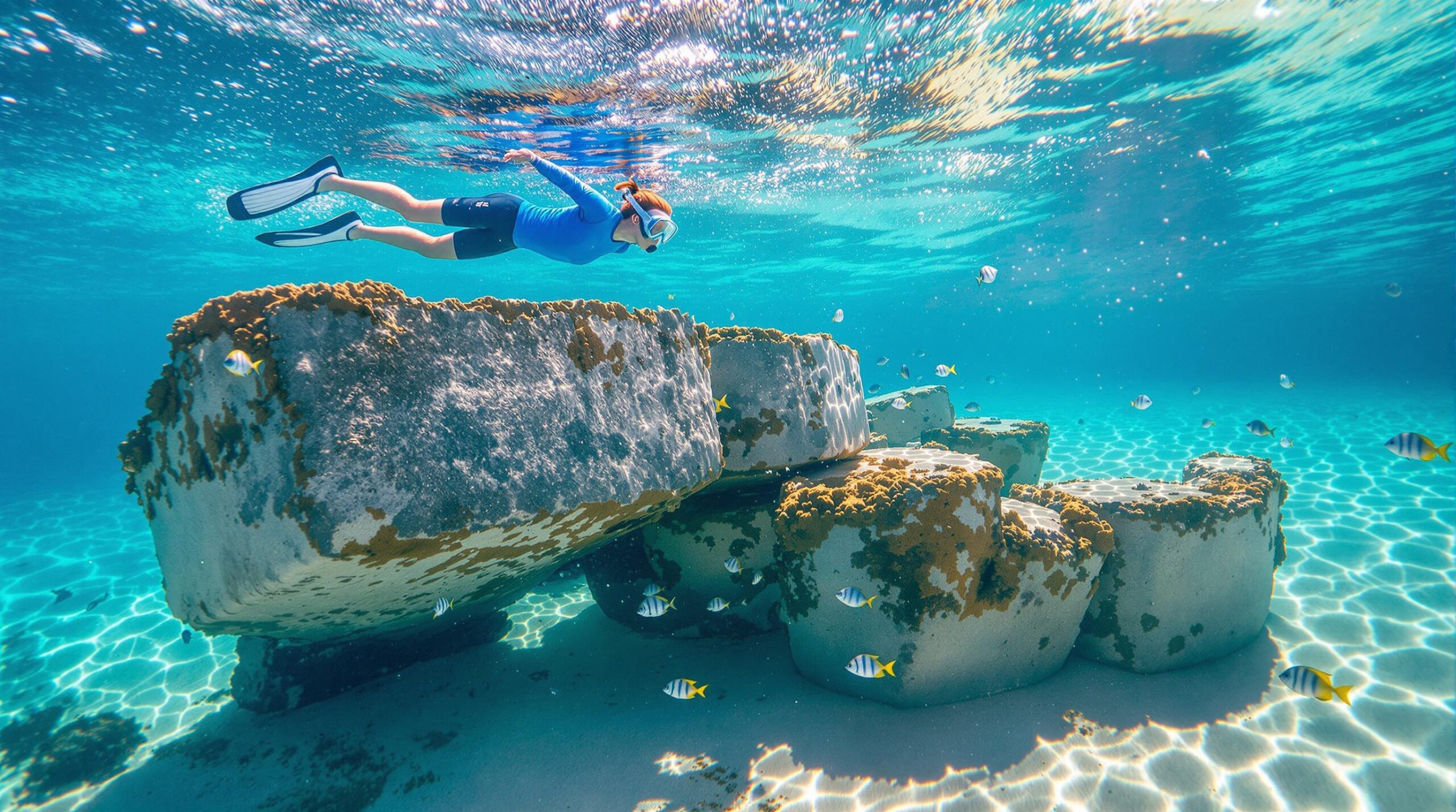 Snorkeler exploring an artificial reef with tropical fish in clear blue water