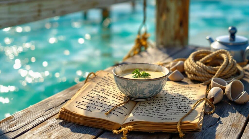 Bowl of creamy whelk chowder with parsley beside an old captain’s logbook and whelk shells on a rustic dock table, with blurred Gulf water and fishing boats in the background.
