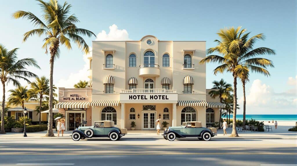 Historic 1920s-style beachfront hotel with vintage cars and palm trees along a sandy coastal road, evoking Panama City Beach, Florida