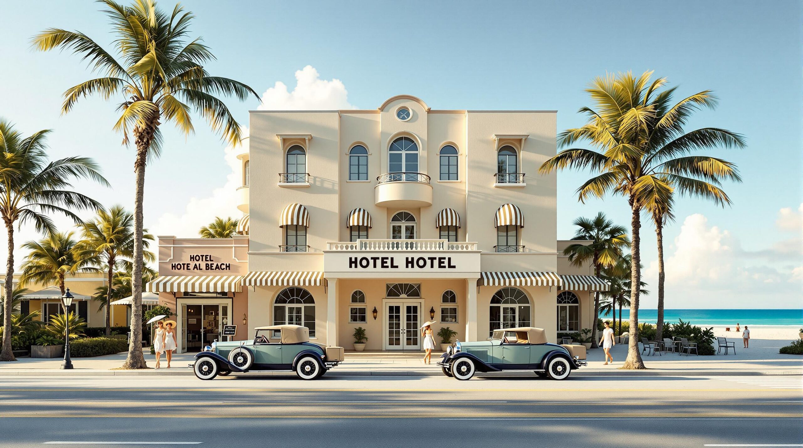 Historic 1920s-style beachfront hotel with vintage cars and palm trees along a sandy coastal road, evoking Panama City Beach, Florida