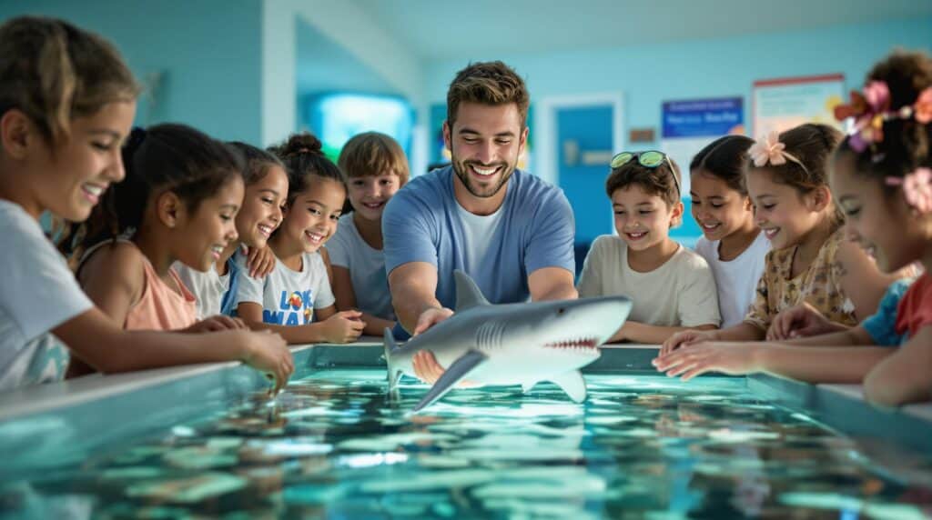 A group of diverse preteens gathers around a touch tank as a marine instructor shows a realistic rubber shark model in a bright, generic aquarium classroom setting.