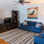 A cozy living room with blue sofas, a striped rug, a TV on a dark wood entertainment center, and a "Black Dog" artwork featuring a dog in a canoe on the wall above the couch.