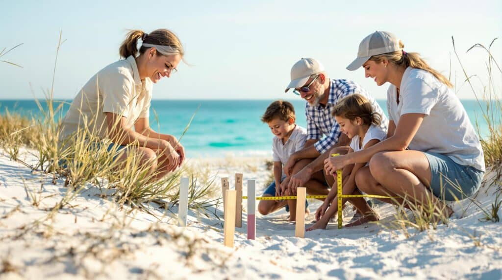 A family of four volunteers on a sandy Gulf Coast beach, placing wooden stakes and measuring shoreline erosion near sea oats under a clear sky, with turquoise water in the background.