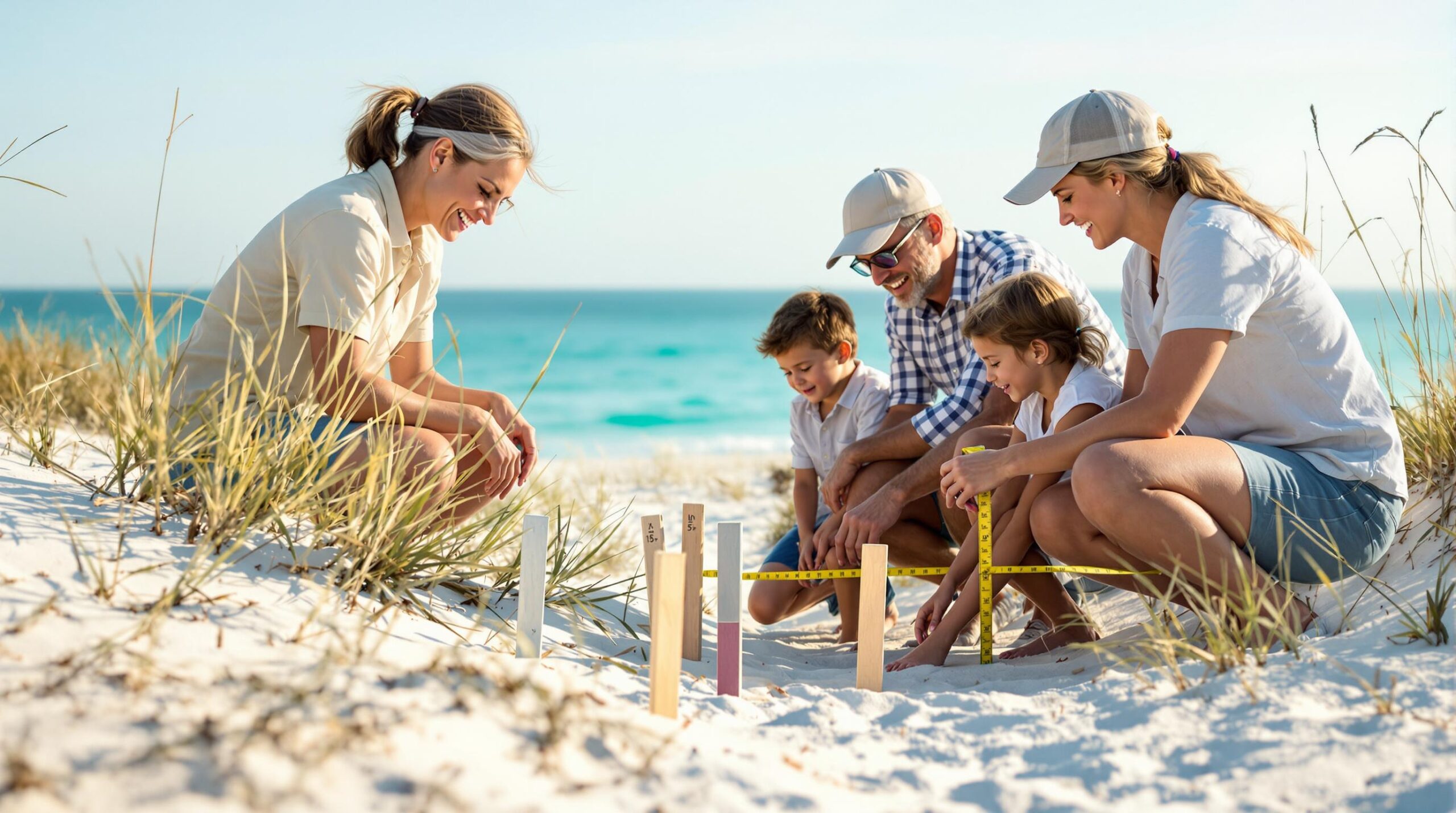 A family of four volunteers on a sandy Gulf Coast beach, placing wooden stakes and measuring shoreline erosion near sea oats under a clear sky, with turquoise water in the background.