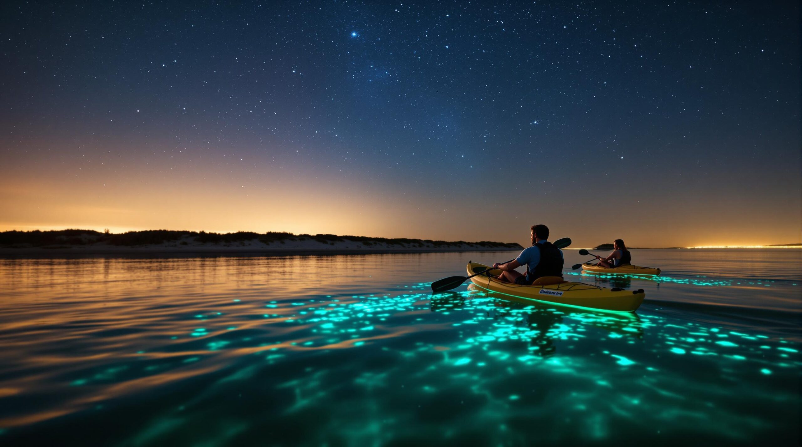 Two people kayaking at night on glowing bioluminescent water under a starry sky, with soft blue and teal light reflecting on the surface and silhouetted grasses in the background.
