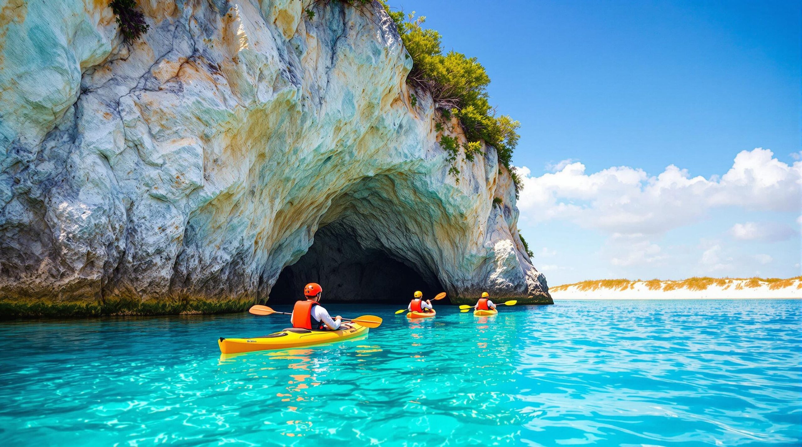 Three kayakers in safety gear paddle toward the entrance of a rocky sea cave on a sandy barrier island, with turquoise water and sunlit dunes in the background.
