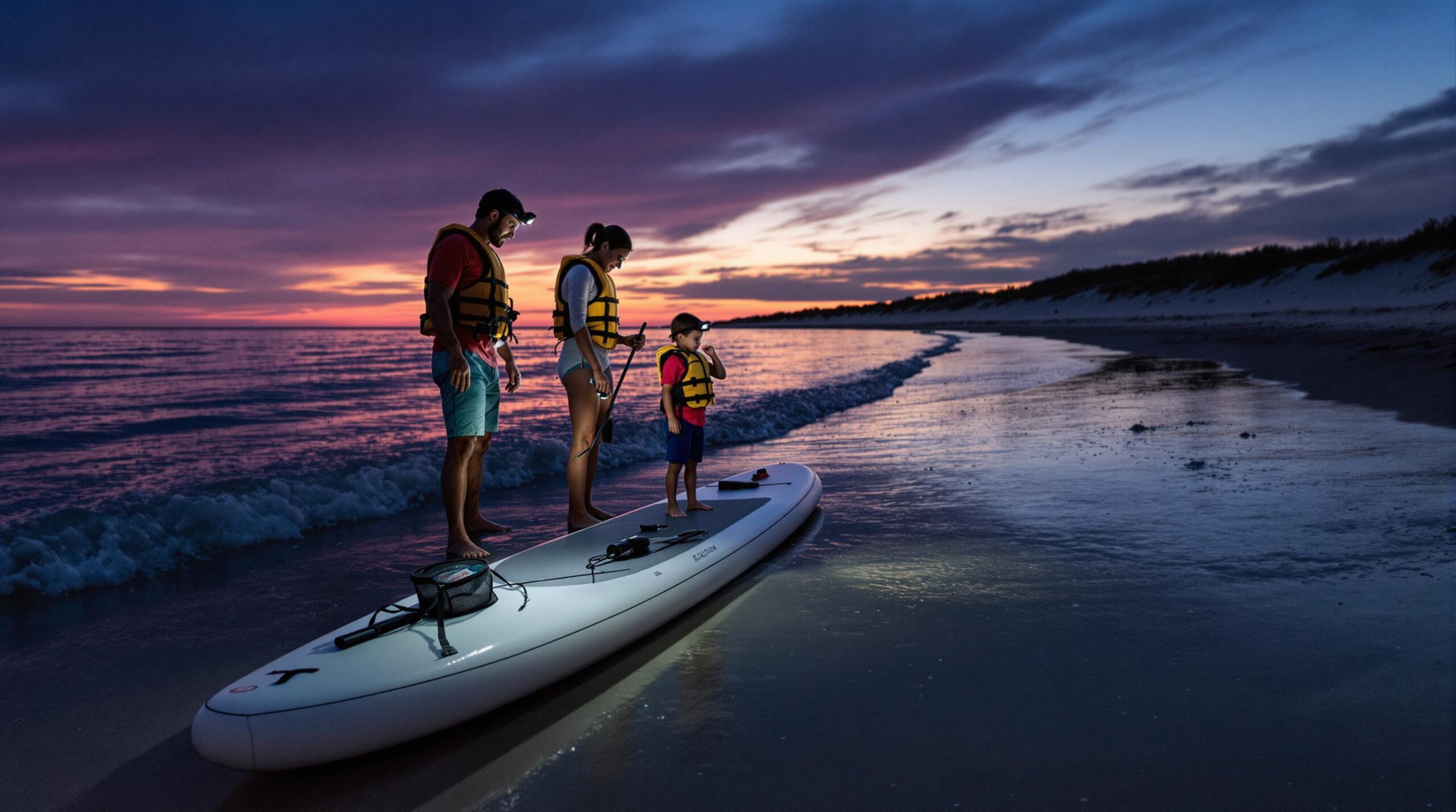 Three people preparing for a stand-up paddleboard ghost-crab hunt at twilight on a sandy beach, with paddleboards, nets, and flashlights visible in the soft evening light.