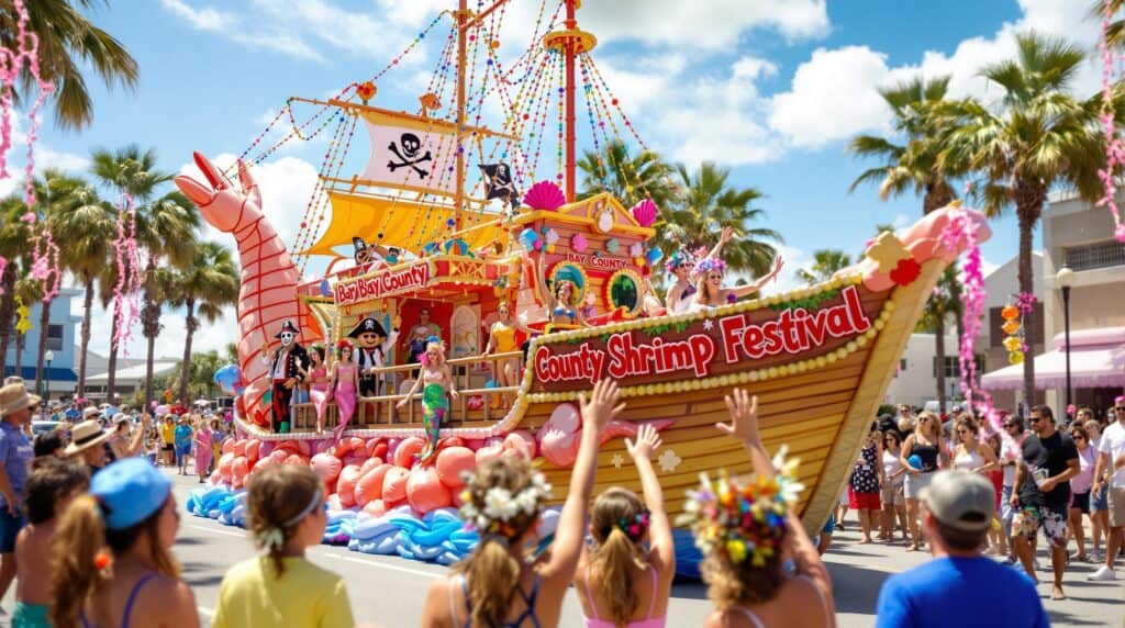 Costumed pirates and mermaids on a shrimp-themed parade float wave to families and children in festive hats during a sunny Bay County Shrimp Festival celebration, with palm trees and colorful decorations in the background.