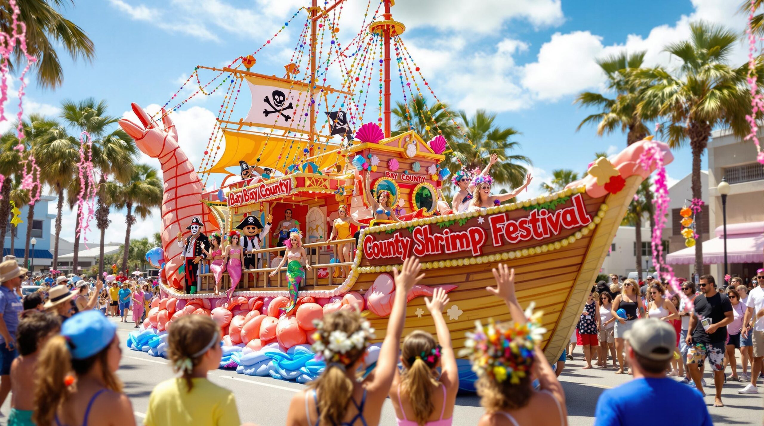 Costumed pirates and mermaids on a shrimp-themed parade float wave to families and children in festive hats during a sunny Bay County Shrimp Festival celebration, with palm trees and colorful decorations in the background.