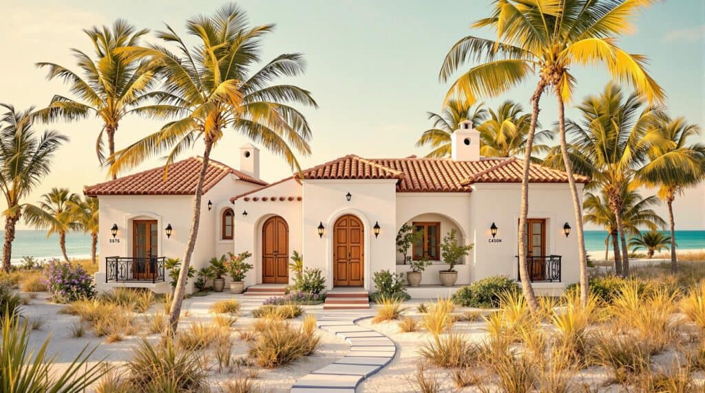 Cluster of white stucco Spanish-style cottages with terracotta roofs and wrought-iron balconies, set among palm trees and dune grasses under a clear coastal sky