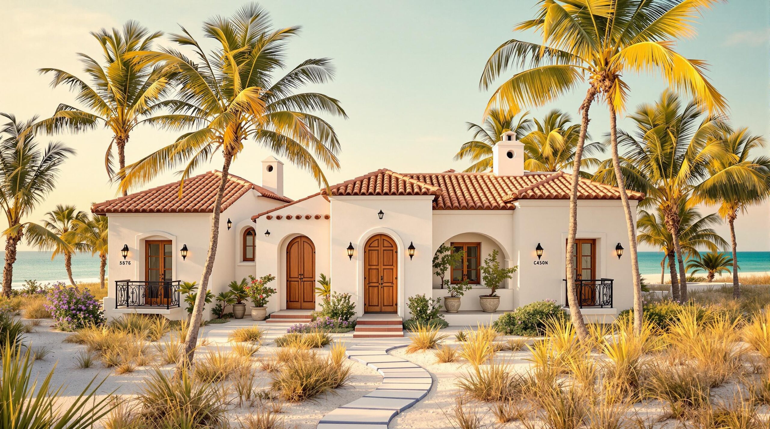 Cluster of white stucco Spanish-style cottages with terracotta roofs and wrought-iron balconies, set among palm trees and dune grasses under a clear coastal sky
