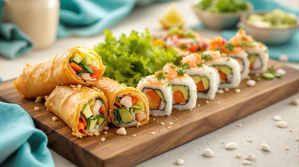 Platter of golden spring rolls and colorful sushi rolls on a wooden board with turquoise napkin and seashells, softly blurred neutral background.