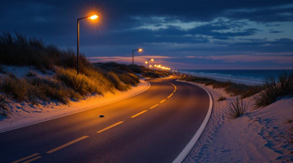 A curved beachside road at dusk illuminated by warm amber turtle-safe streetlights, with a small sea turtle hatchling on the sandy edge near sea oats, and the Gulf waters softly glowing in the background.