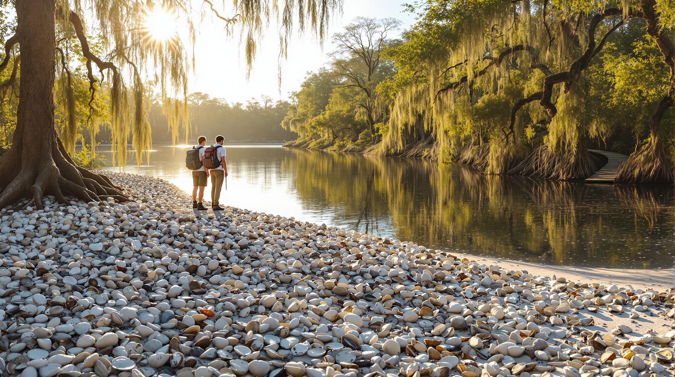 Two hikers pause on a sandy shell mound near a calm lake with scattered oyster shells, surrounded by cypress trees and a wooden boardwalk in soft afternoon light.