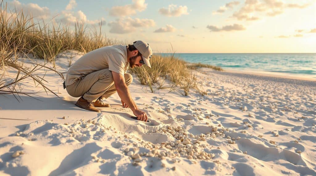 Archaeologist brushing sand from shell fragments on a sandy dune near coastal grasses and calm water at sunrise, evoking indigenous history by the Gulf in Panama City Beach, Florida