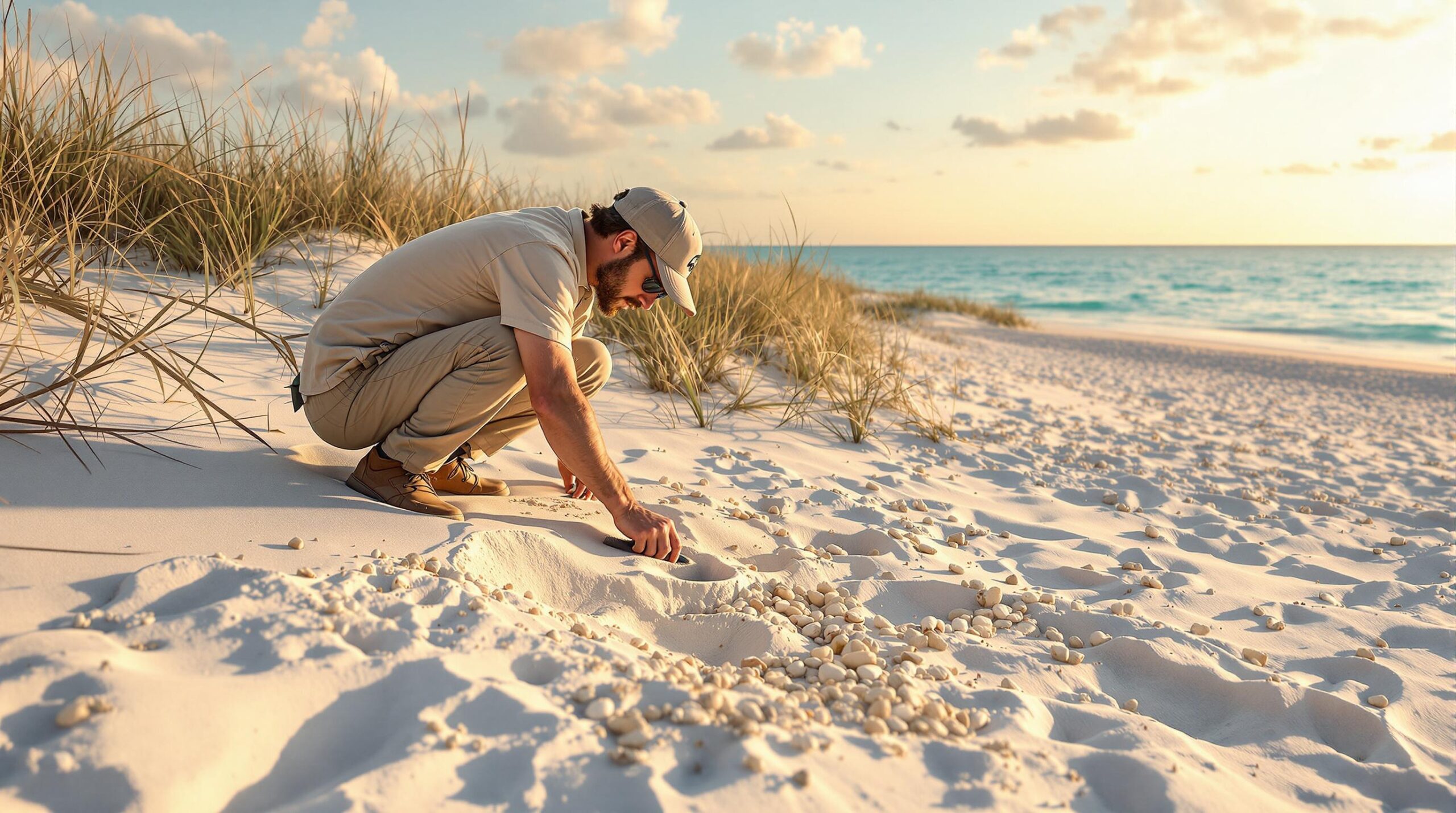 Archaeologist brushing sand from shell fragments on a sandy dune near coastal grasses and calm water at sunrise, evoking indigenous history by the Gulf in Panama City Beach, Florida