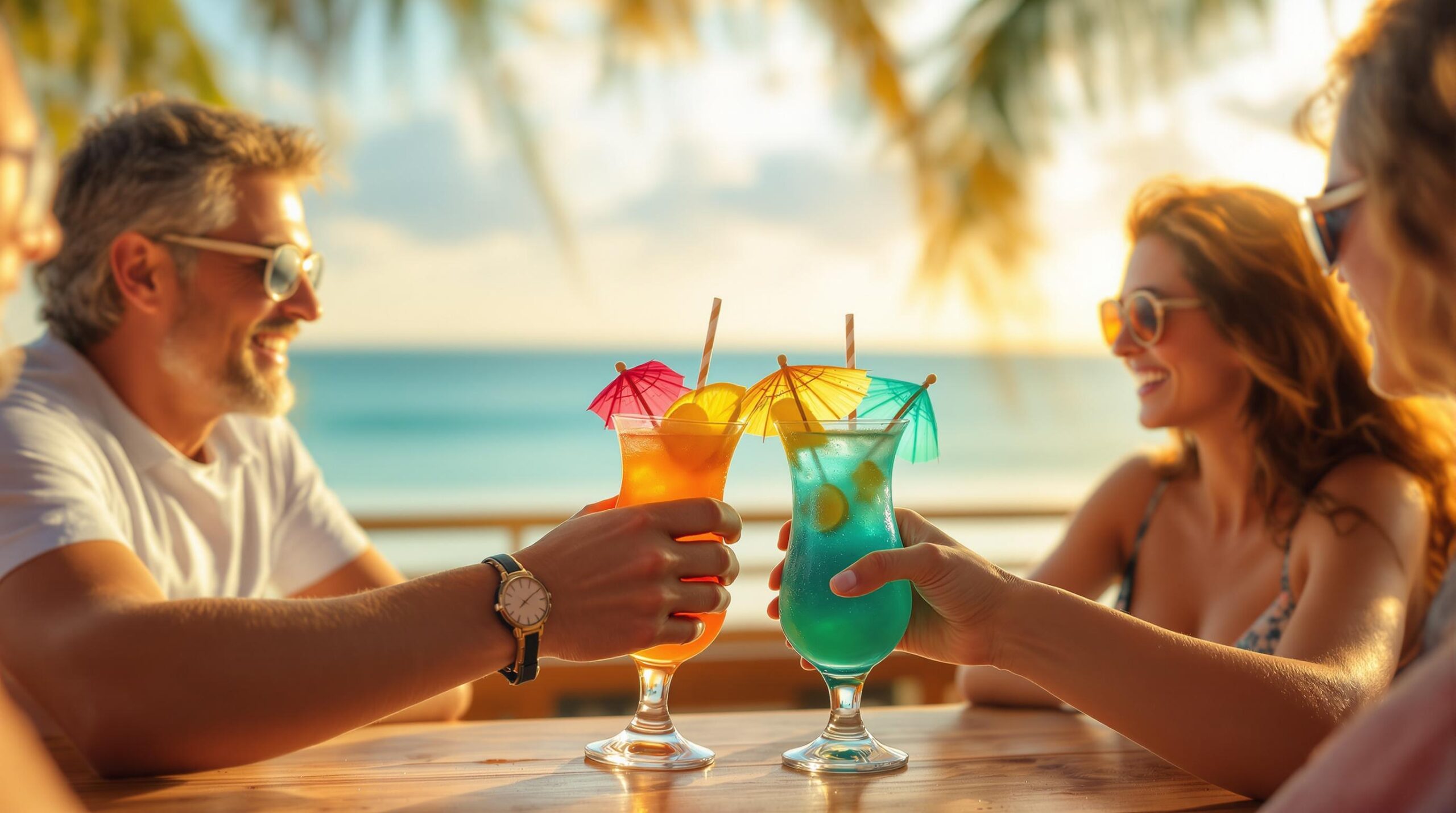 Group of adults clinking colorful cocktails at a sunny beachside bar with palm trees and ocean in the blurred background