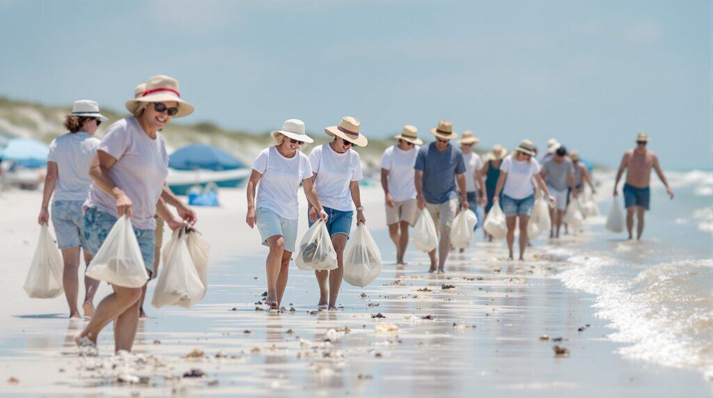Group of volunteers collecting marine debris along a sandy beach with gentle waves and soft morning sunlight, using mesh bags for cleanup.