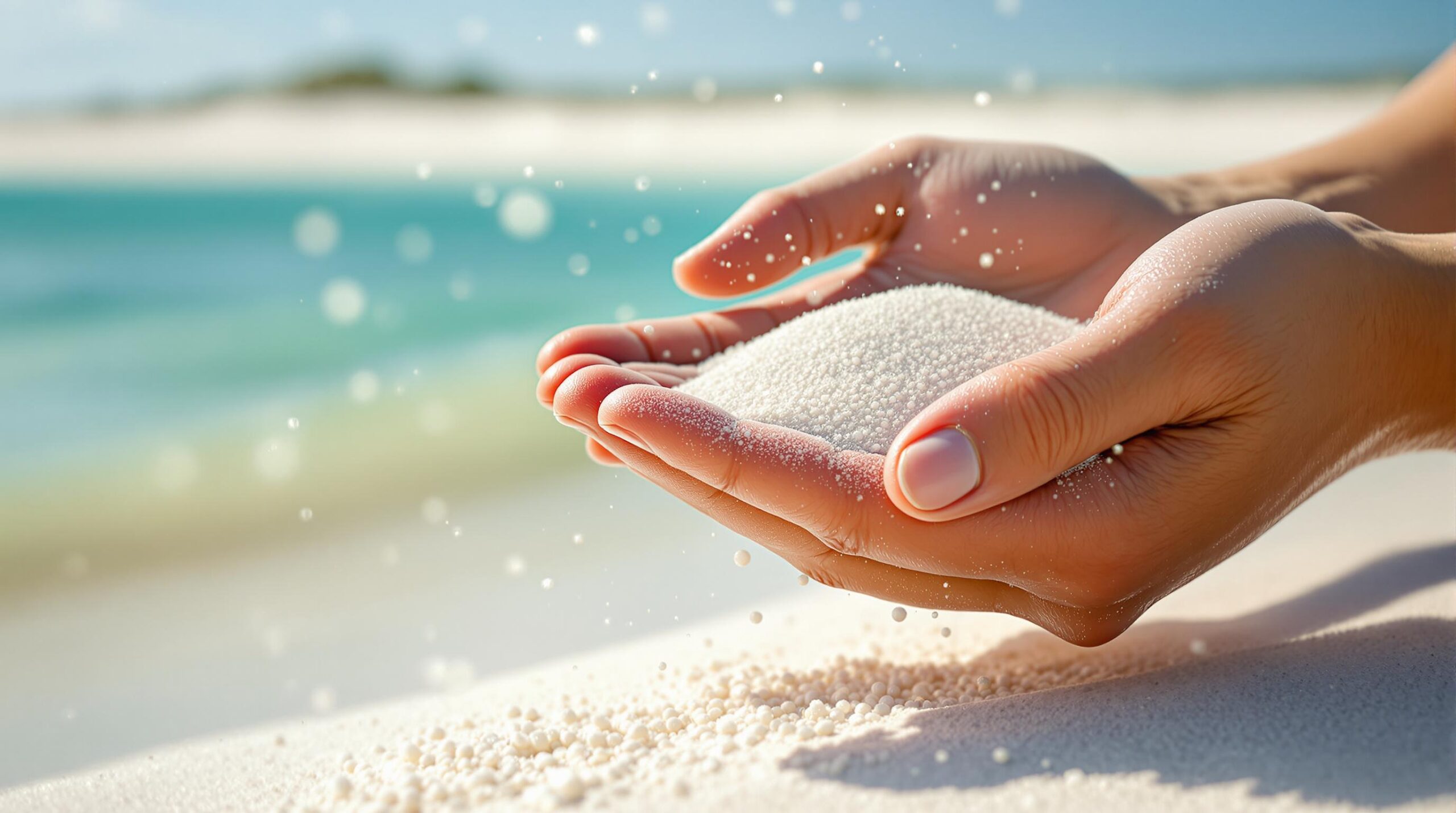 Close-up of hands letting fine white sand fall on a sunlit beach with soft ocean waves and dunes blurred in the background.