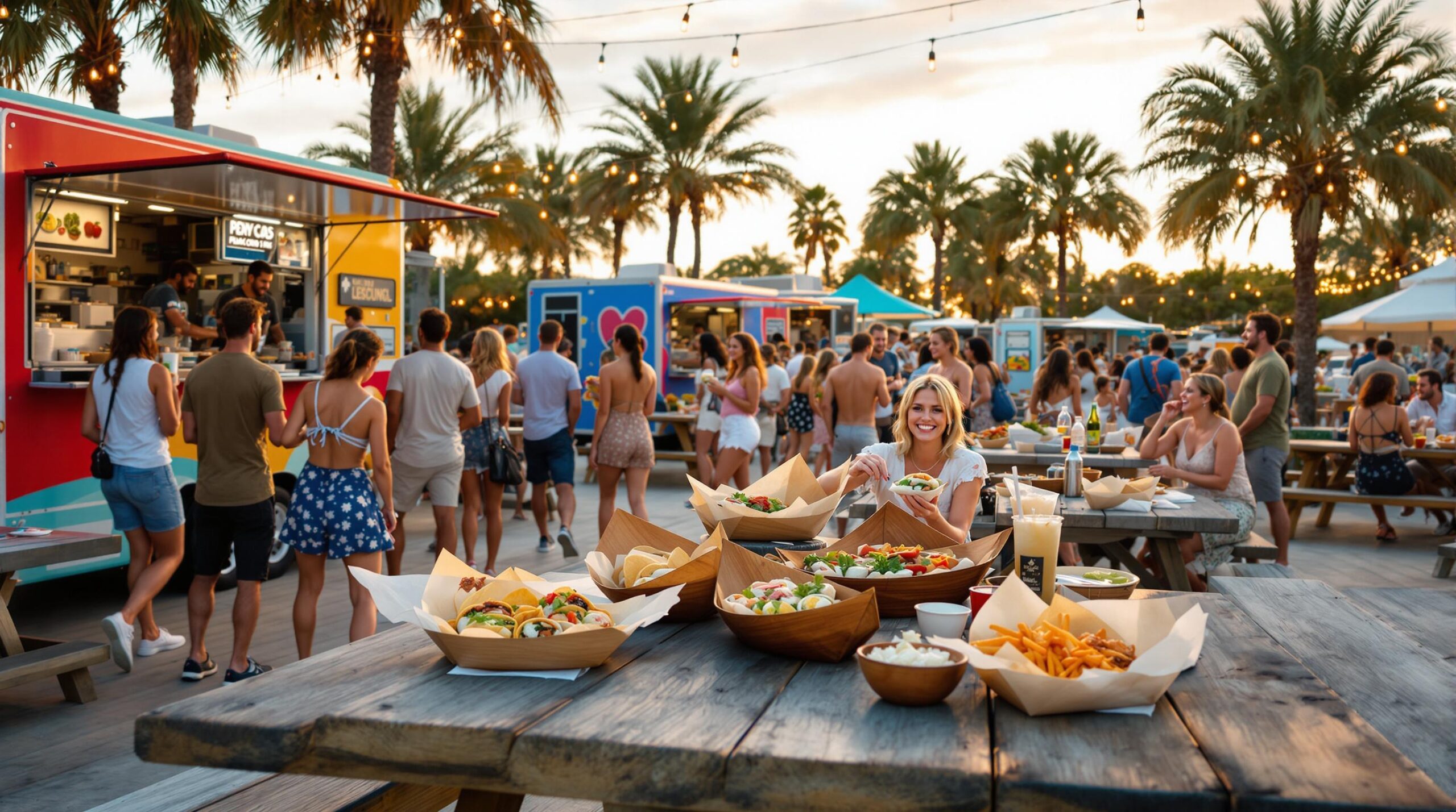 People enjoying international street food at an outdoor market with food trucks, palm trees, and picnic tables on a sunny day in Panama City Beach, Florida