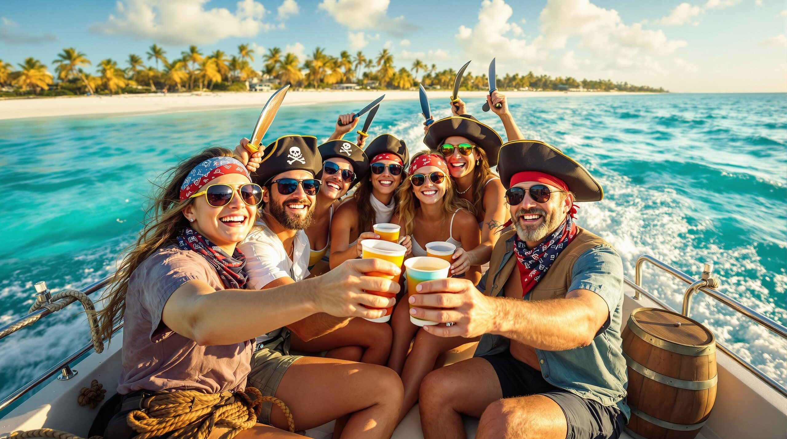 A group of adults and children in pirate hats and eye patches celebrate together on a boat deck, holding drinks and smiling under sunny skies, with turquoise water and palm trees in the blurred background.
