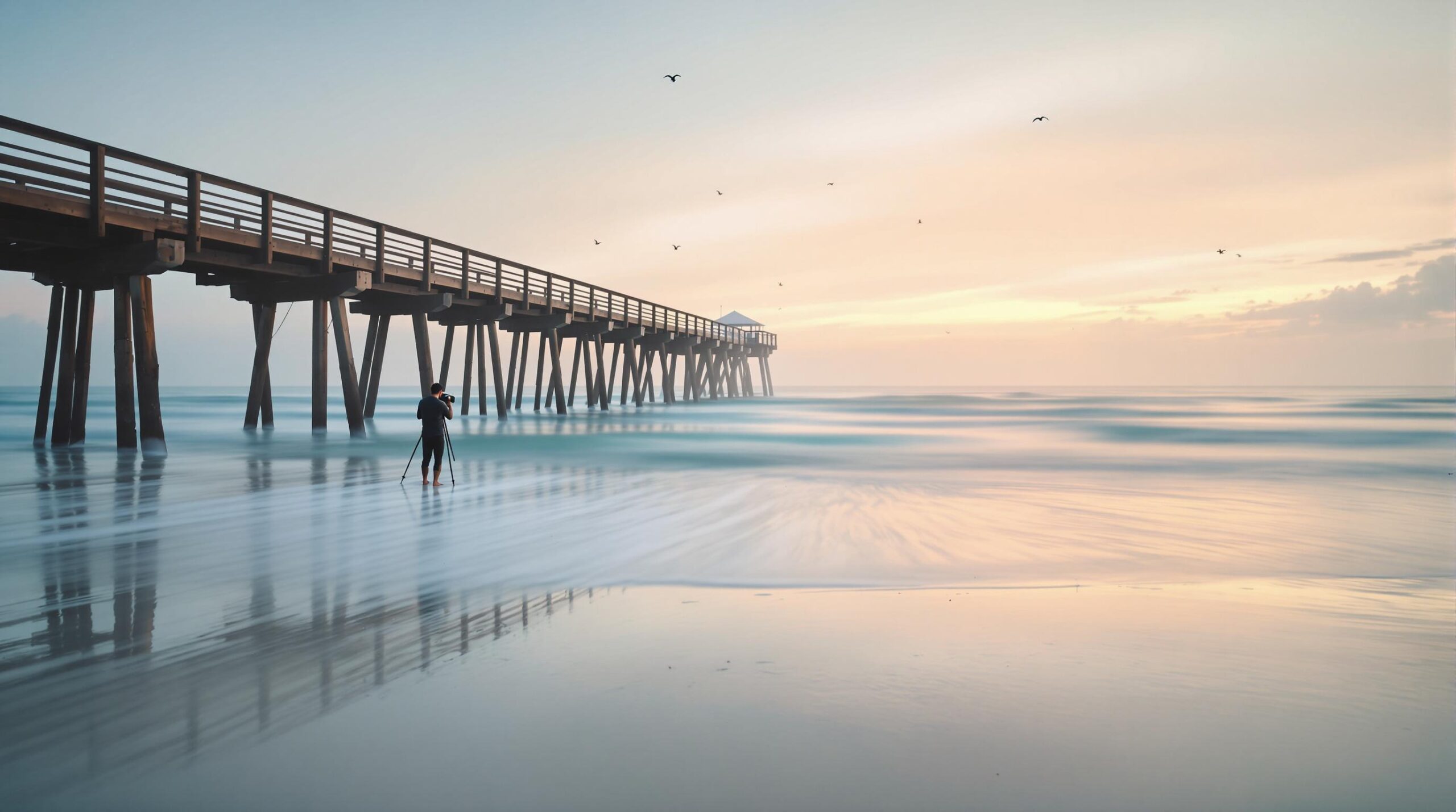 Photographer with tripod at sunrise near a wooden pier on a sandy beach, soft pastel sky reflected in calm waves, seabirds flying overhead.