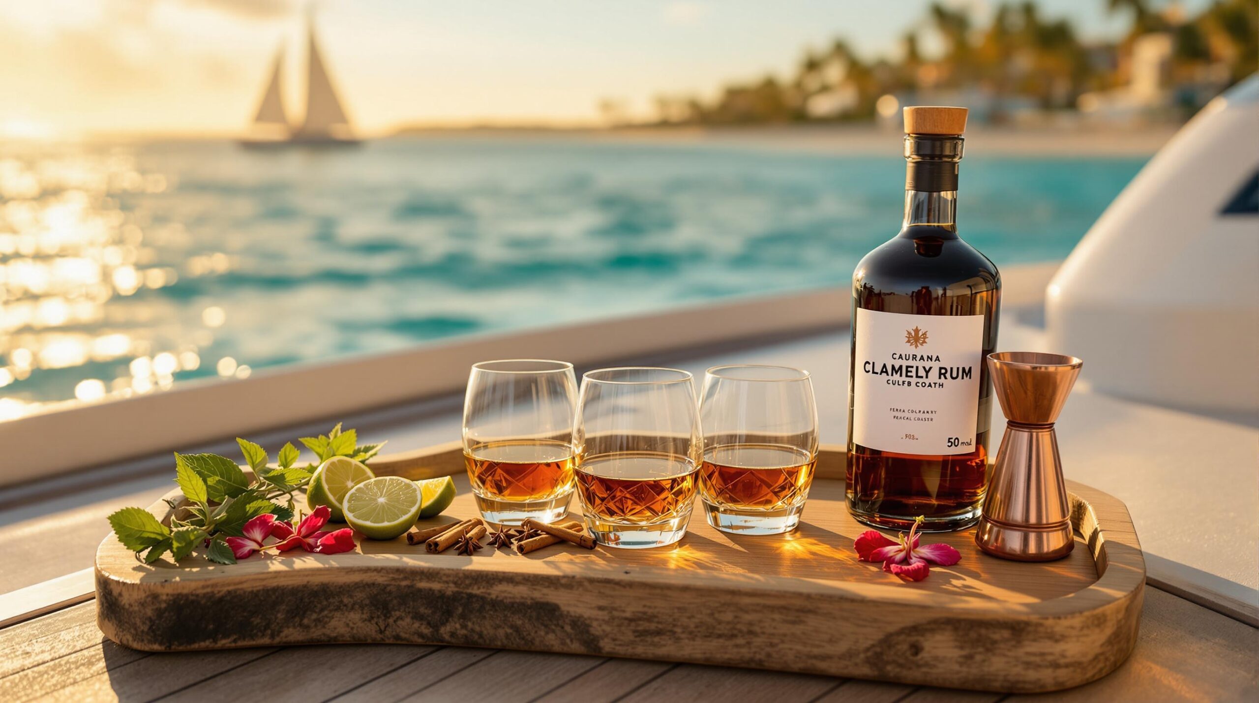 A rum tasting setup on a yacht deck with three glasses of amber rum on a wooden tray, surrounded by fresh botanicals like lime, star anise, cinnamon, hibiscus petals, and mint, with a dark rum bottle and copper jigger, set against blurred turquoise water and palm silhouettes at sunset.