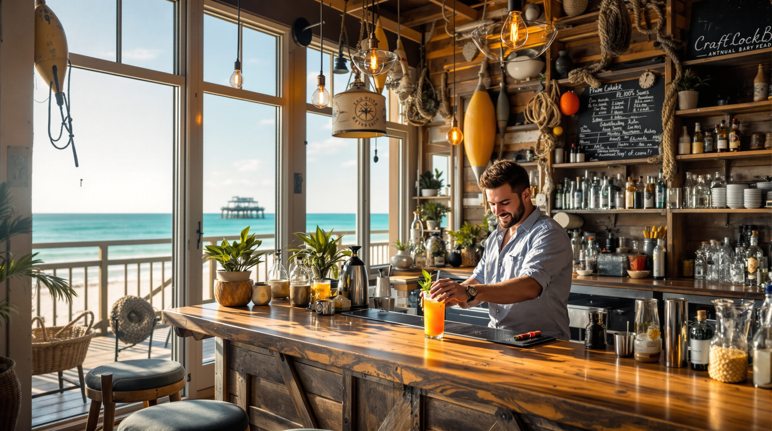 Bartender preparing tropical cocktail at renovated coastal bar with nautical decor, warm lighting, and blurred water view in background