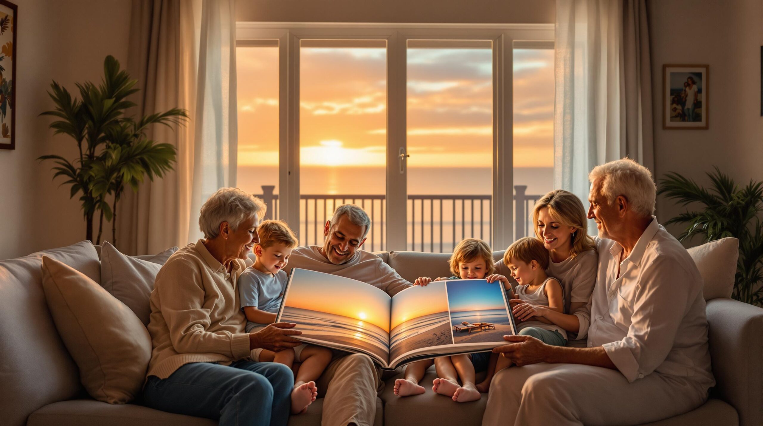 A multigenerational family sits together on a sofa, smiling and flipping through a photo book filled with beach sunset pictures, with warm light streaming through a window and soft, neutral home decor in the background.