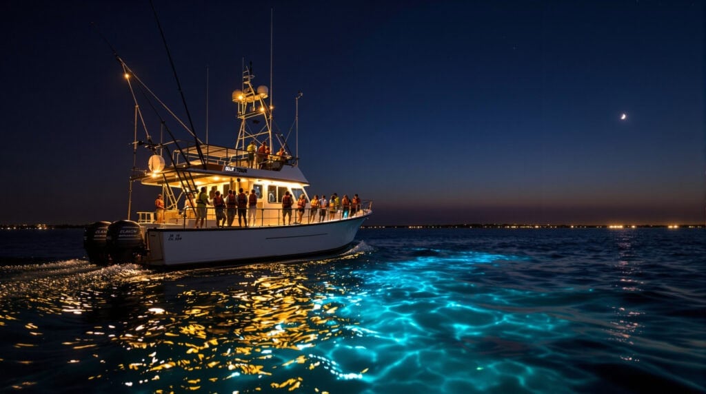 A small shrimp trawler illuminated by warm deck lights at night, with passengers watching bioluminescent water glow in its wake under a clear, starry sky on the Gulf.