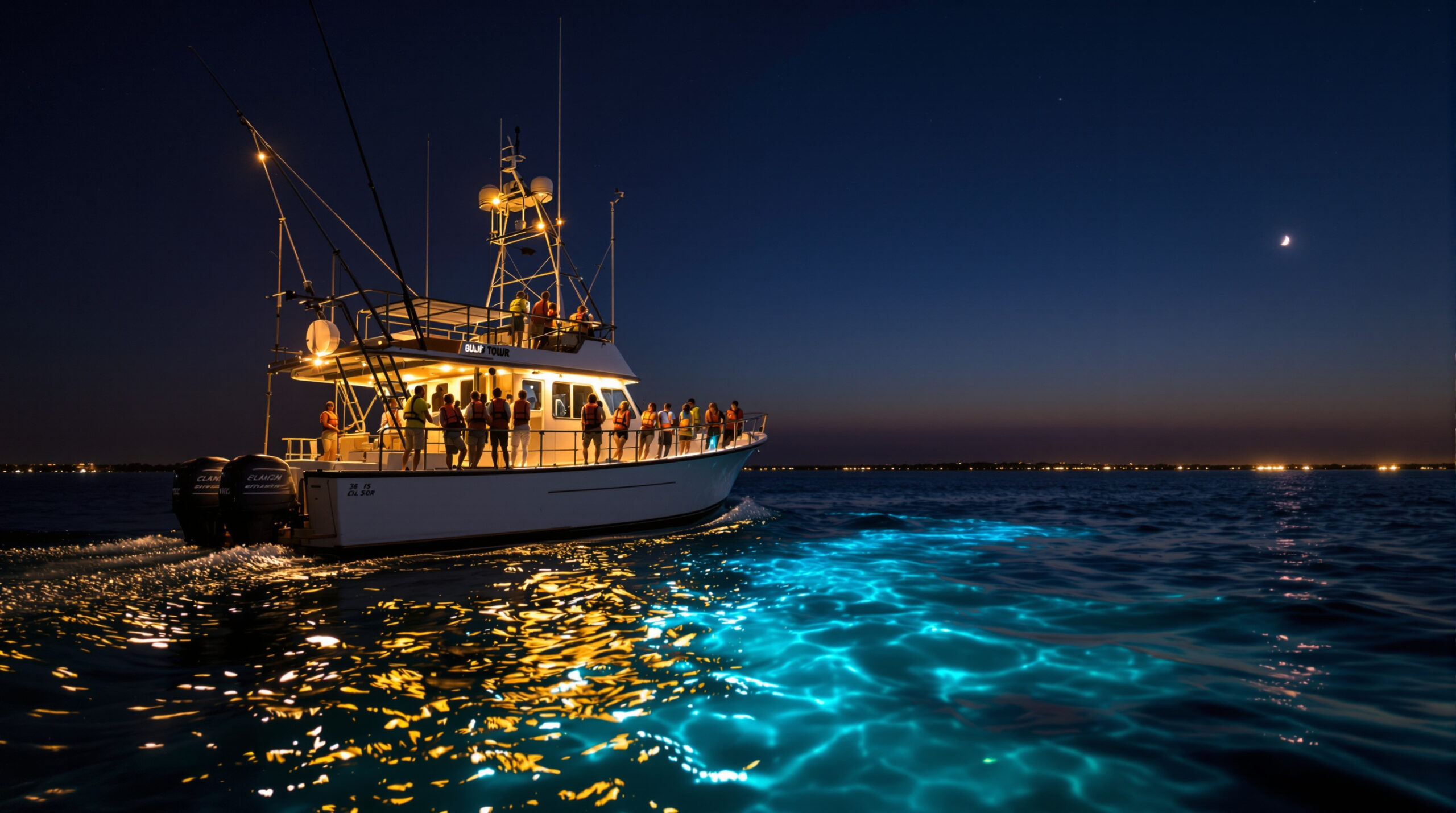 A small shrimp trawler illuminated by warm deck lights at night, with passengers watching bioluminescent water glow in its wake under a clear, starry sky on the Gulf.