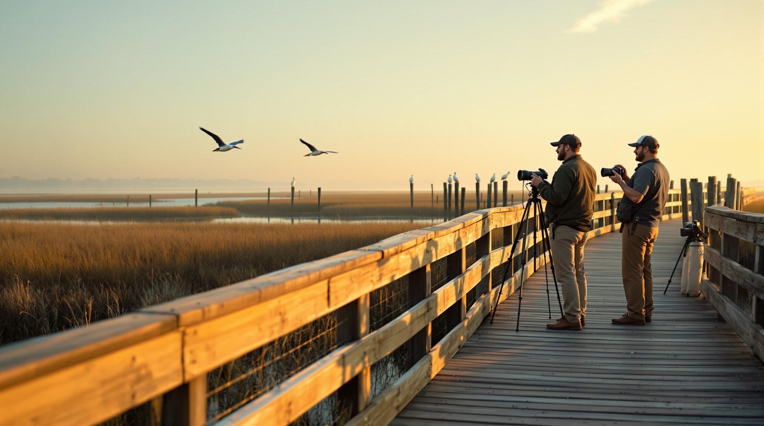 Two birdwatchers on a wooden boardwalk at sunrise observing a great blue heron flying over a misty coastal marsh with marsh grasses and distant pelicans in soft golden light.