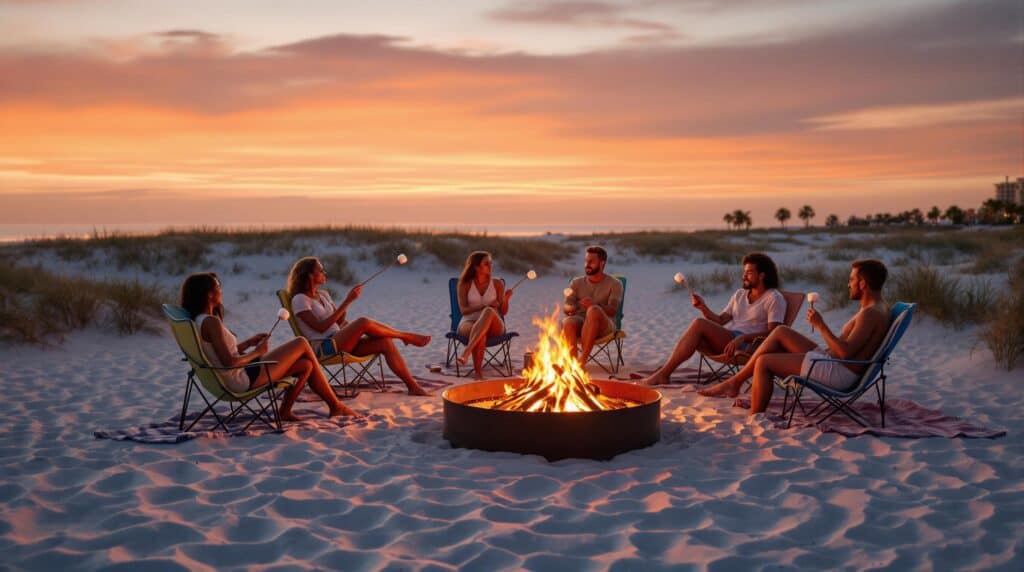 Group of adults enjoying a safe bonfire on a sandy beach at sunset, seated in chairs and on blankets, with marshmallows roasting over the fire and calm waves in the background.