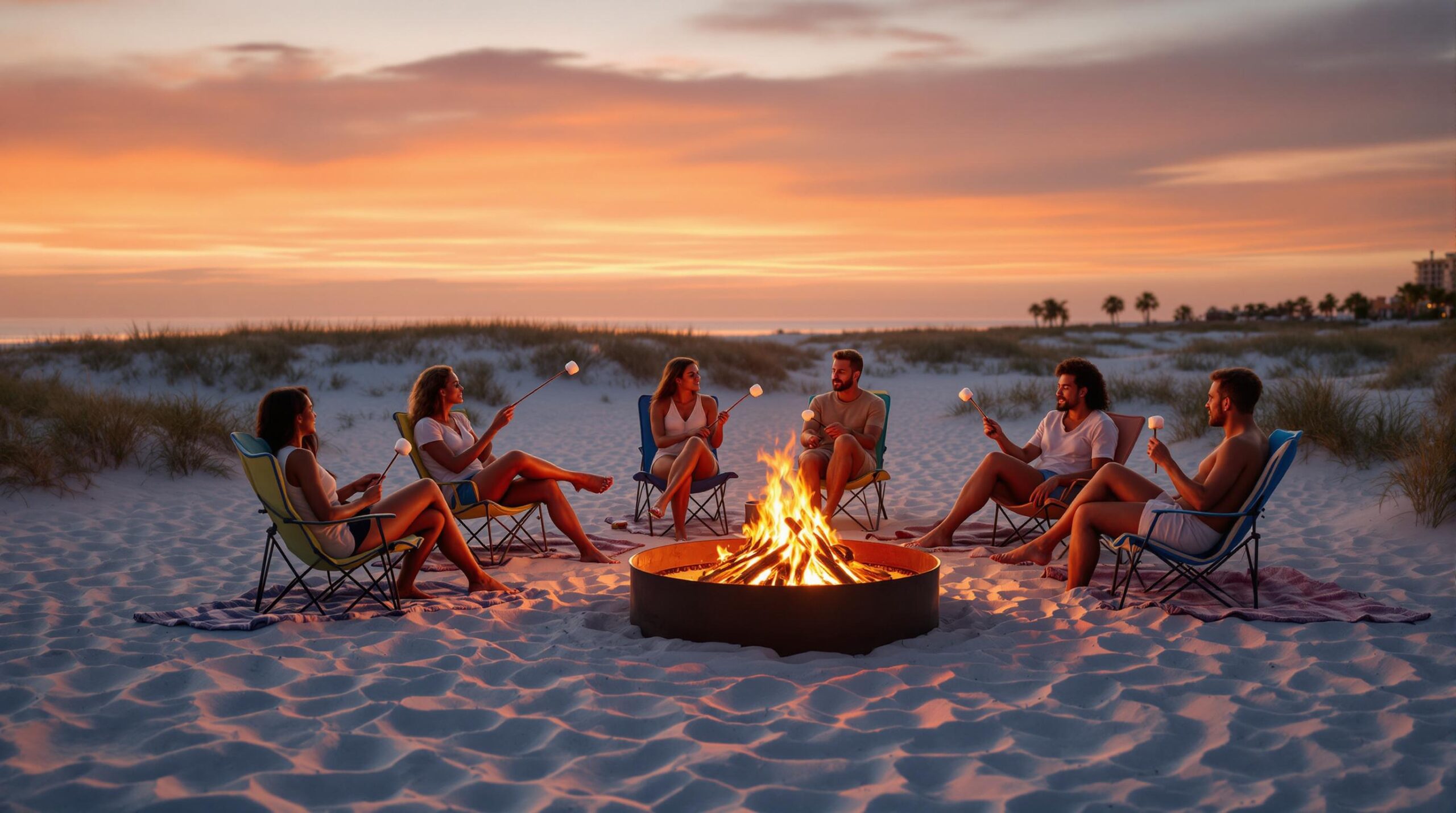 Group of adults enjoying a safe bonfire on a sandy beach at sunset, seated in chairs and on blankets, with marshmallows roasting over the fire and calm waves in the background.