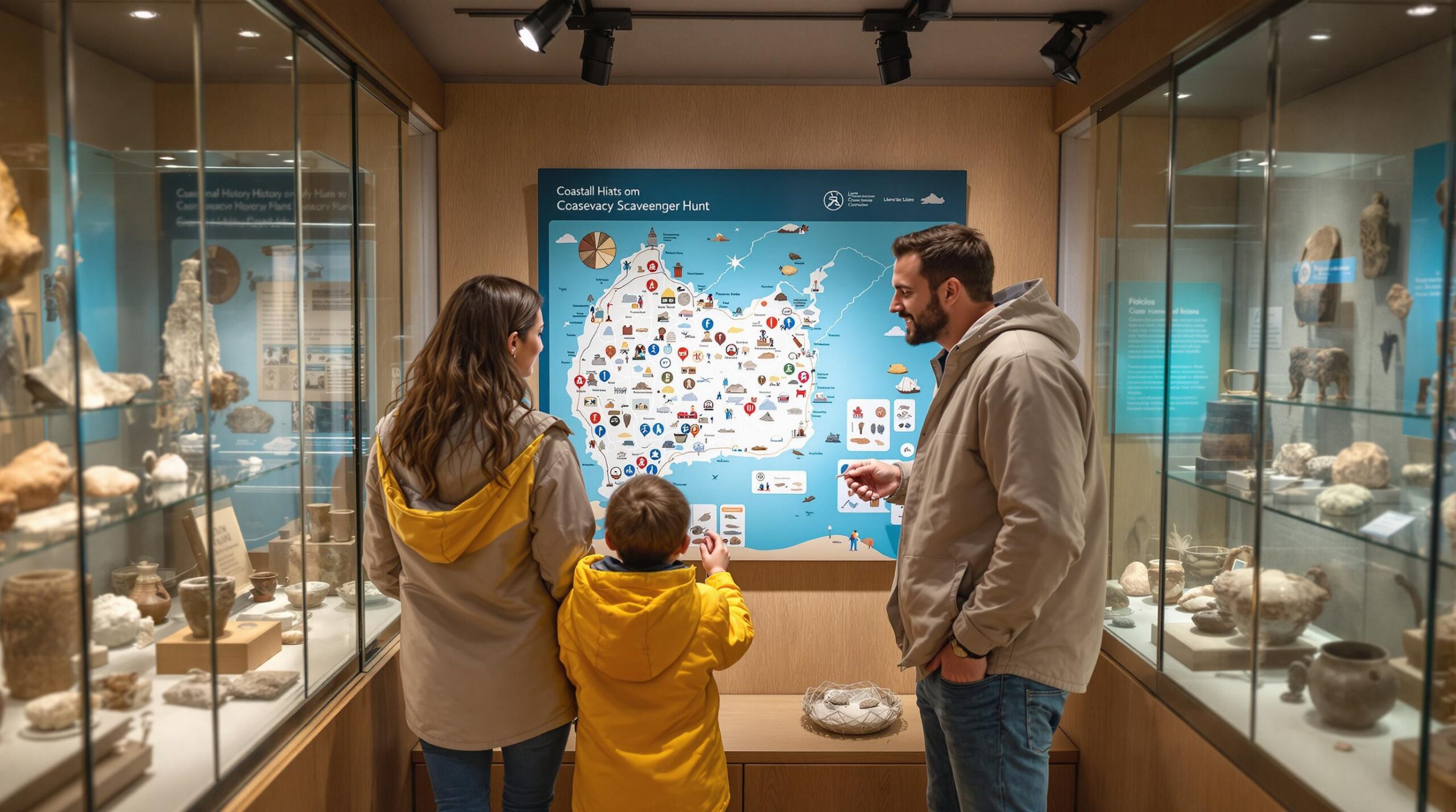 Family in rain jackets studying a colorful scavenger map inside a coastal history museum, surrounded by display cases with fossils and maritime artifacts, warm lighting creating a cozy atmosphere.
