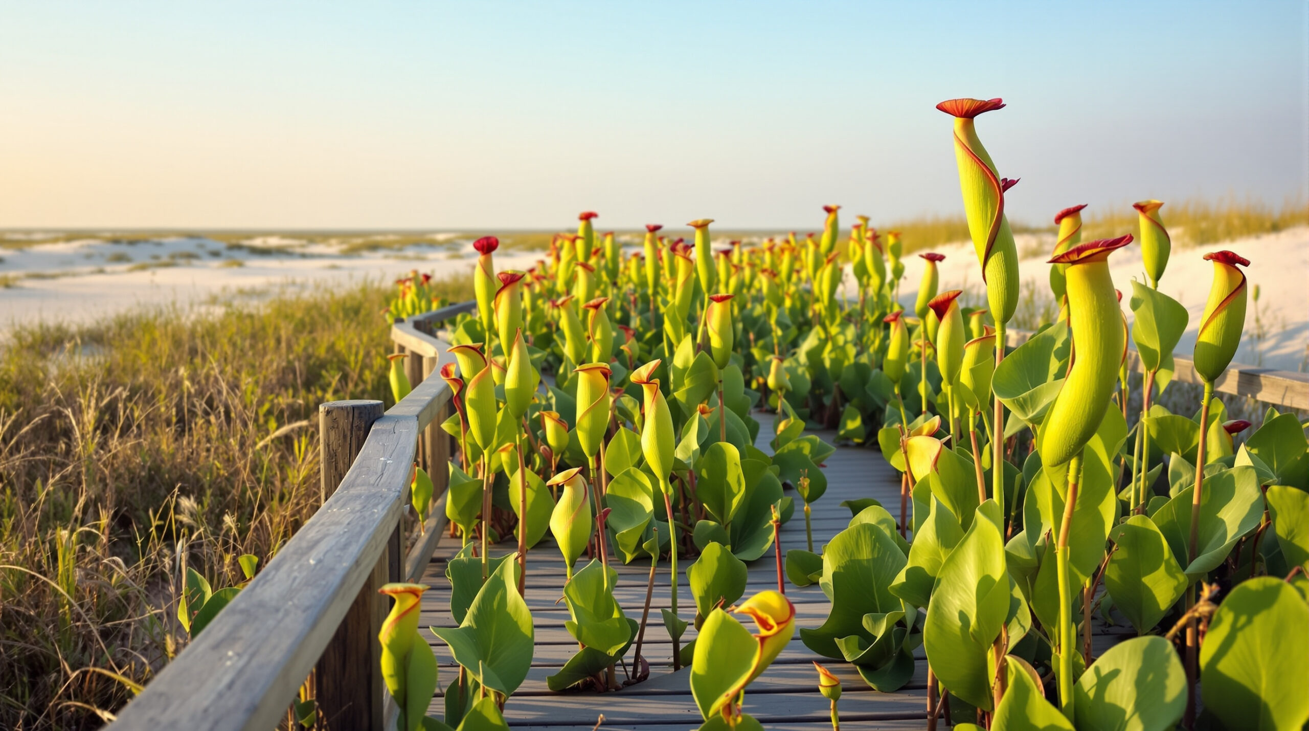Wooden boardwalk winding through a coastal dune bog with clusters of tall green and red pitcher plants, surrounded by white sand and sea oats under a bright blue sky
