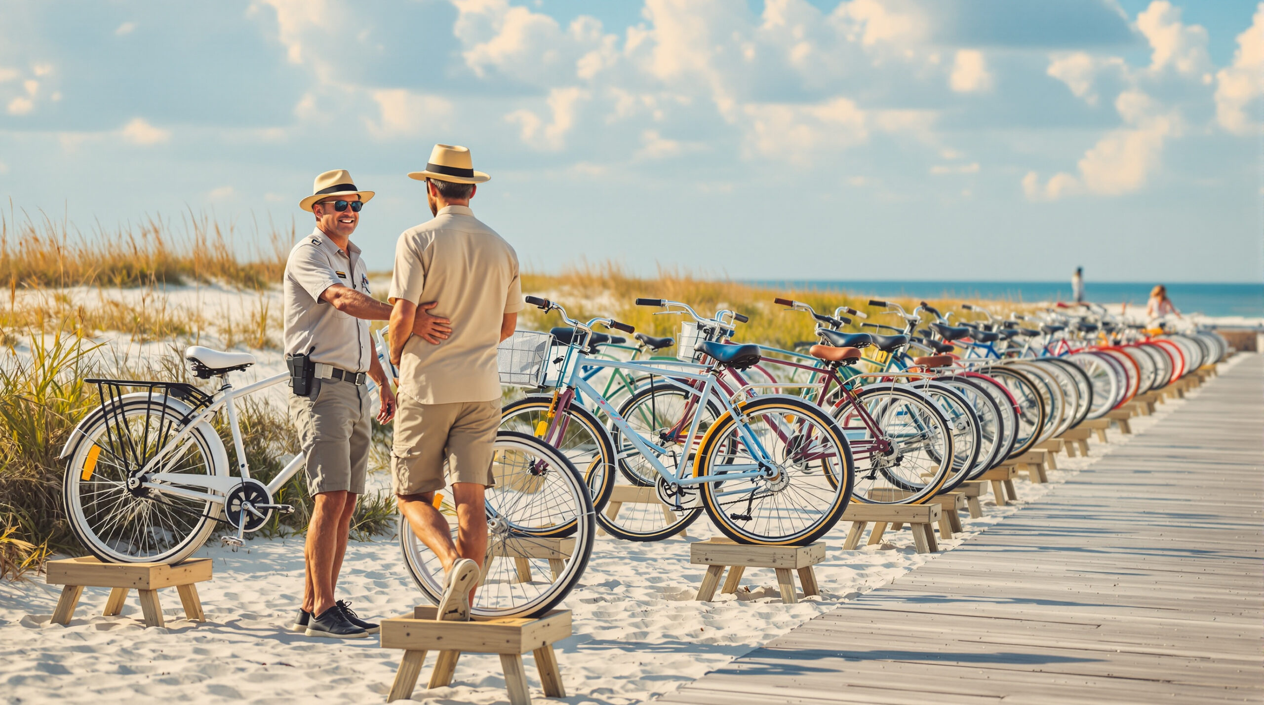 Museum staff guard stands beside a row of vintage beach cruiser bicycles on a sandy boardwalk, with sea oats and gentle dunes in the background under soft afternoon sunlight.