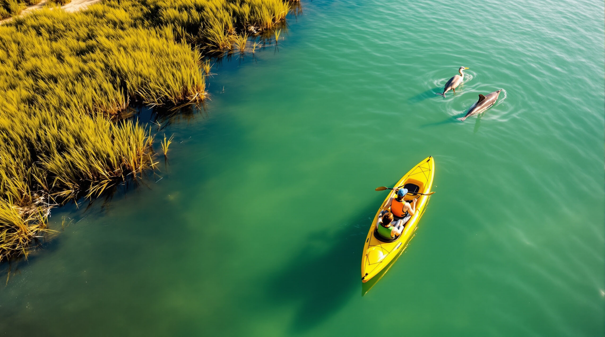 Two people paddling a yellow kayak on calm coastal water with a great blue heron standing on a sandbar and a dolphin’s fin visible in the distance, under soft morning sunlight.