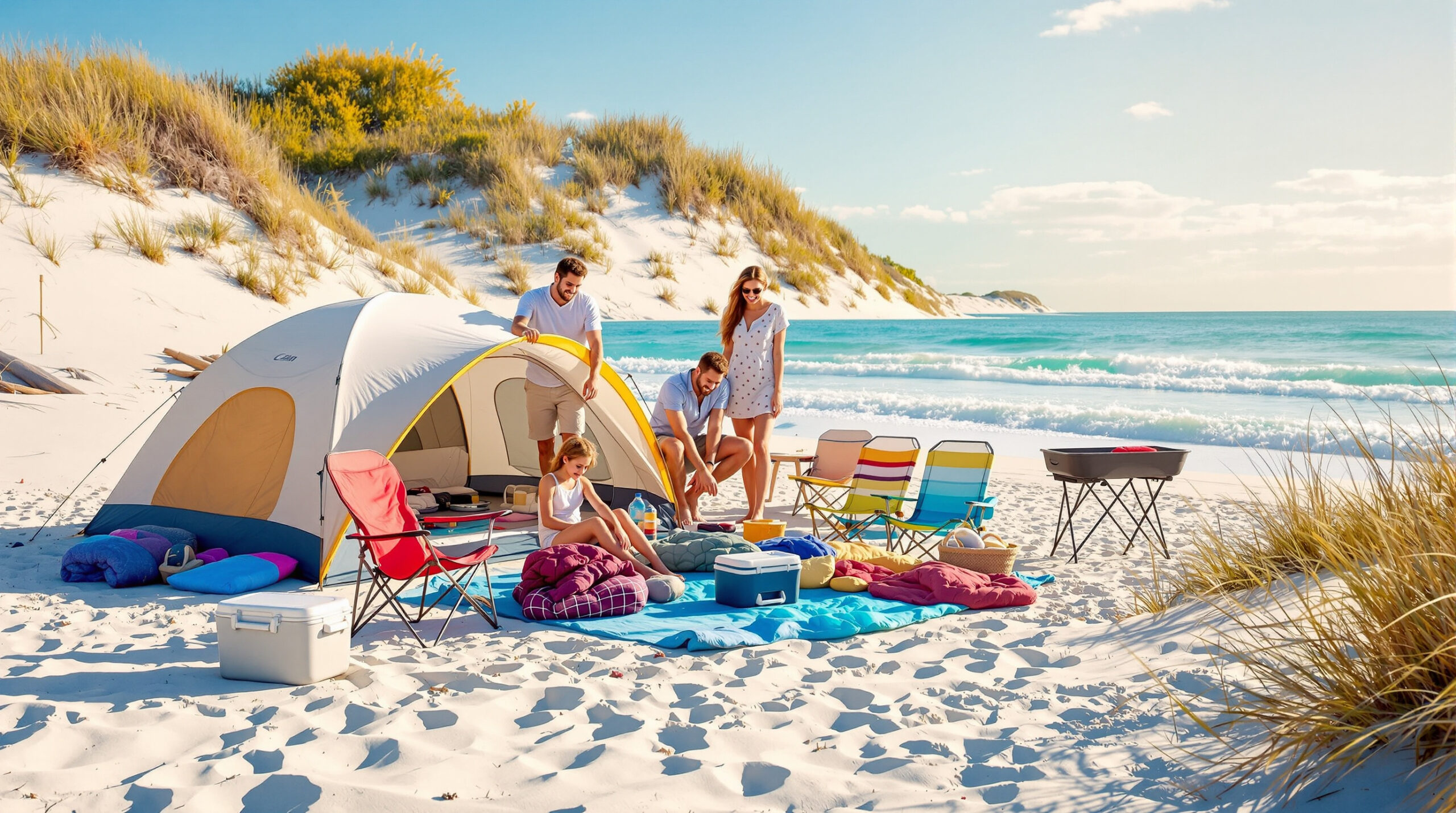 Family setting up beach camping gear on white sand with tent, chairs, and cooler near the ocean under a clear blue sky