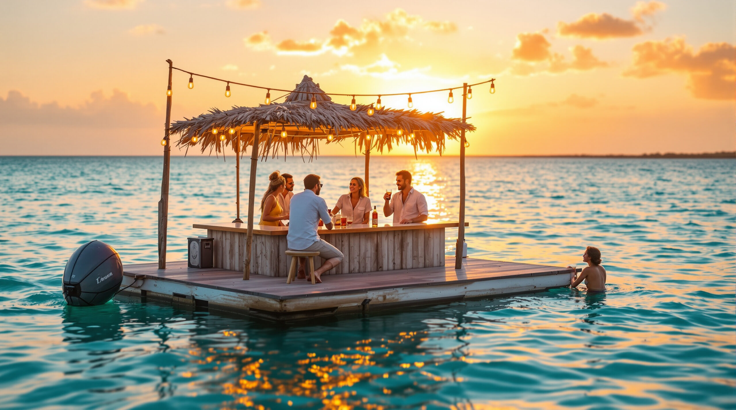 A group of adults enjoys a rum tasting at a floating wooden bar on calm turquoise waters during sunset, with a bartender serving drinks under string lights and a blurred shoreline in the distance.