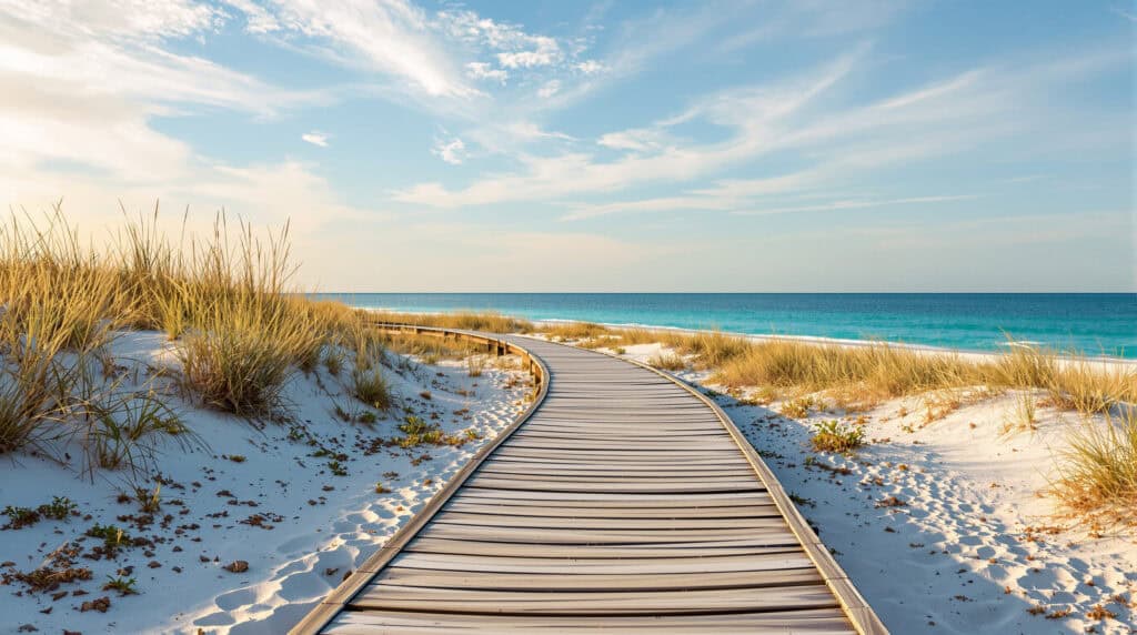 Wooden boardwalk winding through sandy dunes with sea oats and exposed fossils under a soft golden sky near the Gulf Coast