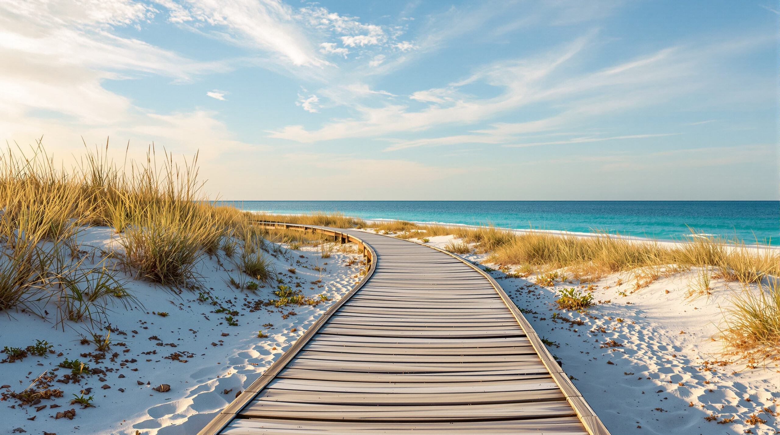 Wooden boardwalk winding through sandy dunes with sea oats and exposed fossils under a soft golden sky near the Gulf Coast