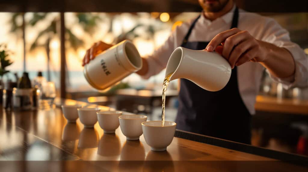 Bartender pouring clear sake into small cups on a wooden bar with warm sunset light and blurry palm fronds in the background, evoking a relaxed coastal atmosphere.
