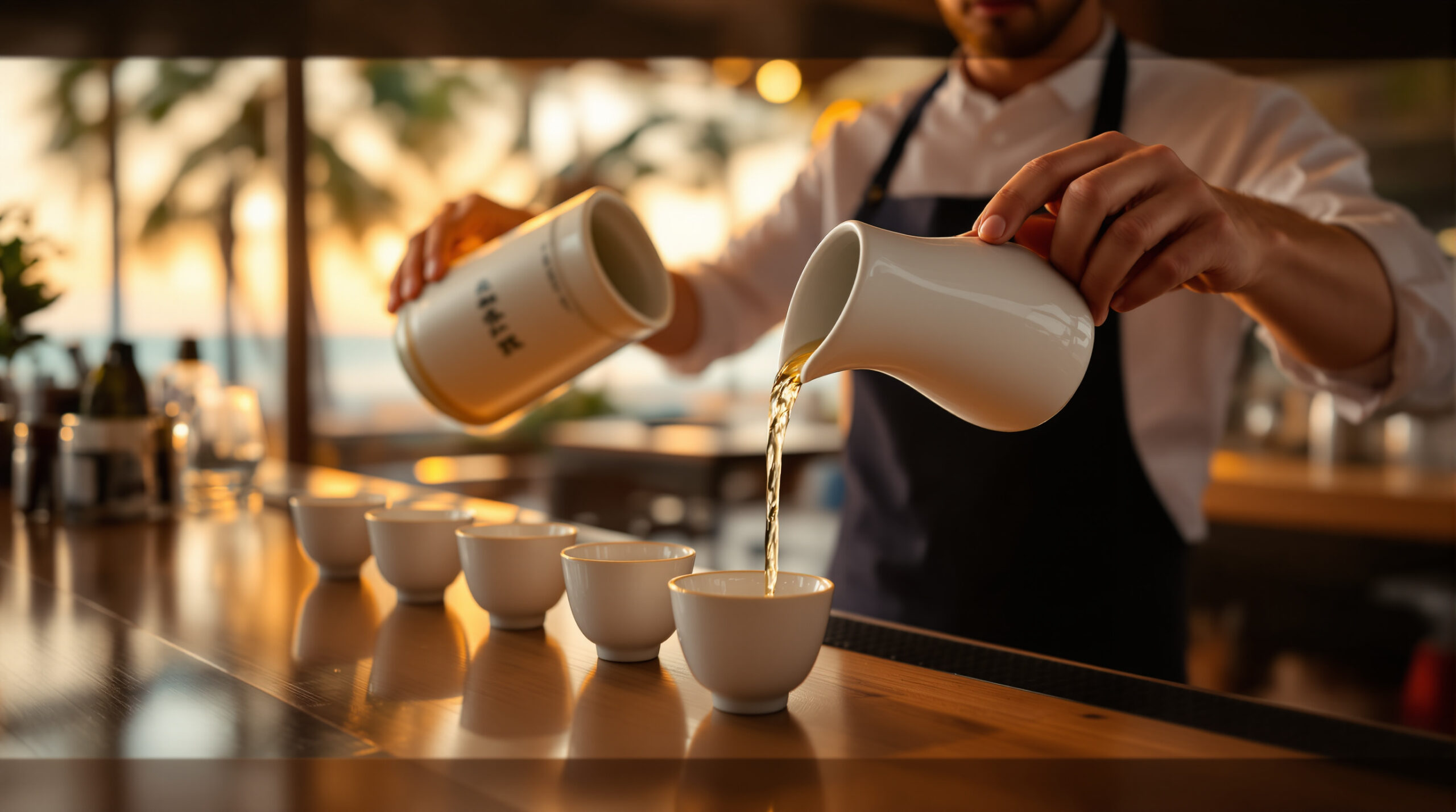 Bartender pouring clear sake into small cups on a wooden bar with warm sunset light and blurry palm fronds in the background, evoking a relaxed coastal atmosphere.
