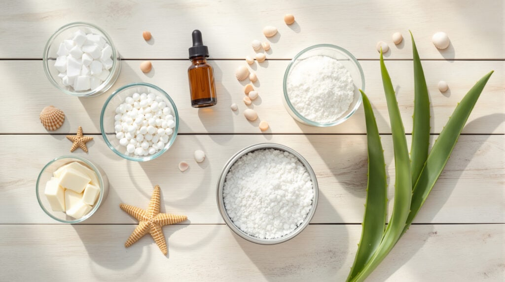 Flat lay of DIY reef-safe sunscreen ingredients including coconut oil, shea butter, beeswax, zinc oxide, vitamin E, aloe leaves, seashells, and a starfish on a driftwood table with soft natural lighting.