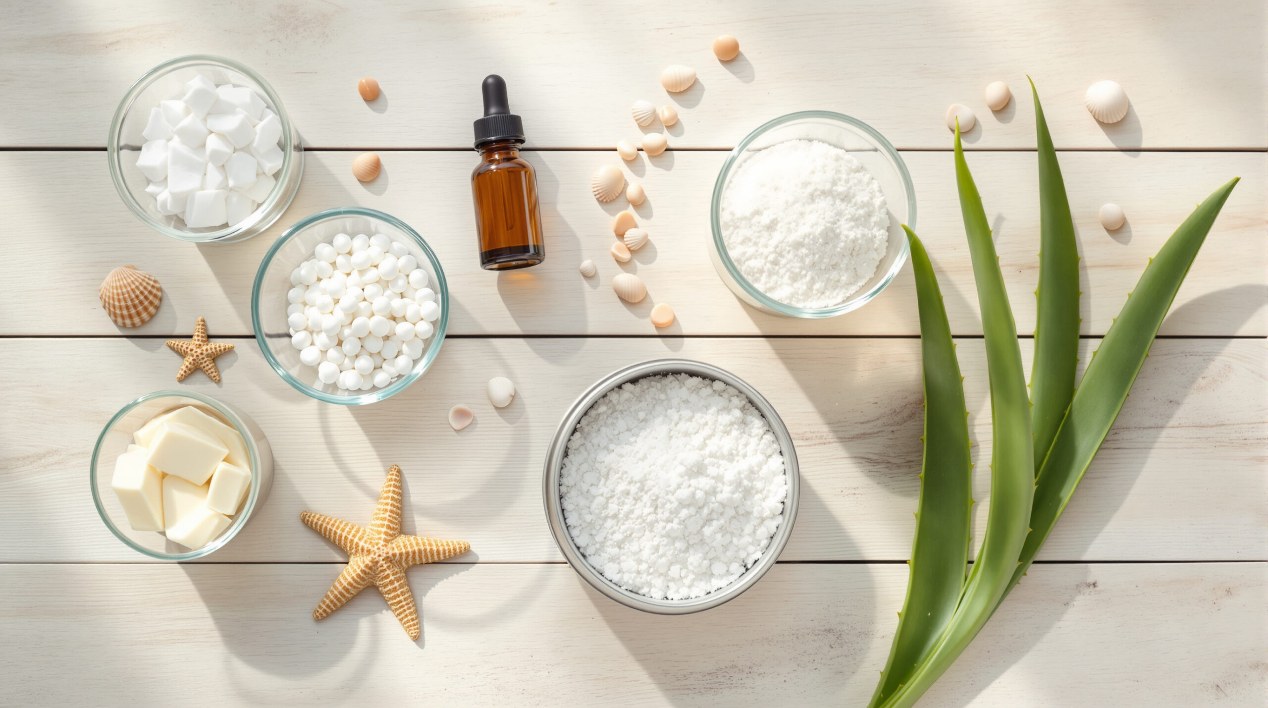 Flat lay of DIY reef-safe sunscreen ingredients including coconut oil, shea butter, beeswax, zinc oxide, vitamin E, aloe leaves, seashells, and a starfish on a driftwood table with soft natural lighting.